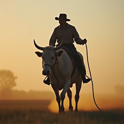  man riding a cow hyperrealistic, full body, detailed clothing, highly detailed, cinematic lighting, stunningly beautiful, intricate, sharp focus, f/1. 8, 85mm, (centered image composition), (professionally color graded), ((bright soft diffused light)), volumetric fog, trending on instagram, trending on tumblr, HDR 4K, 8K