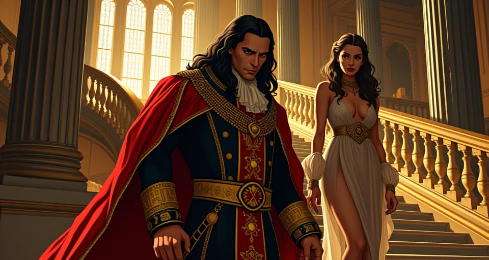  louis xiv, adorned in rich robes, expression of veiled worry, standing on the grand staircase of versailles, large busted woman in a sheer dress guiding him, opulence masking insecurity. the style is digital art illustration / modern comic book / mysterious occult, symbolic, esoteric vibe,high detail on character design, incorporating ancient egyptian symbology and attire.