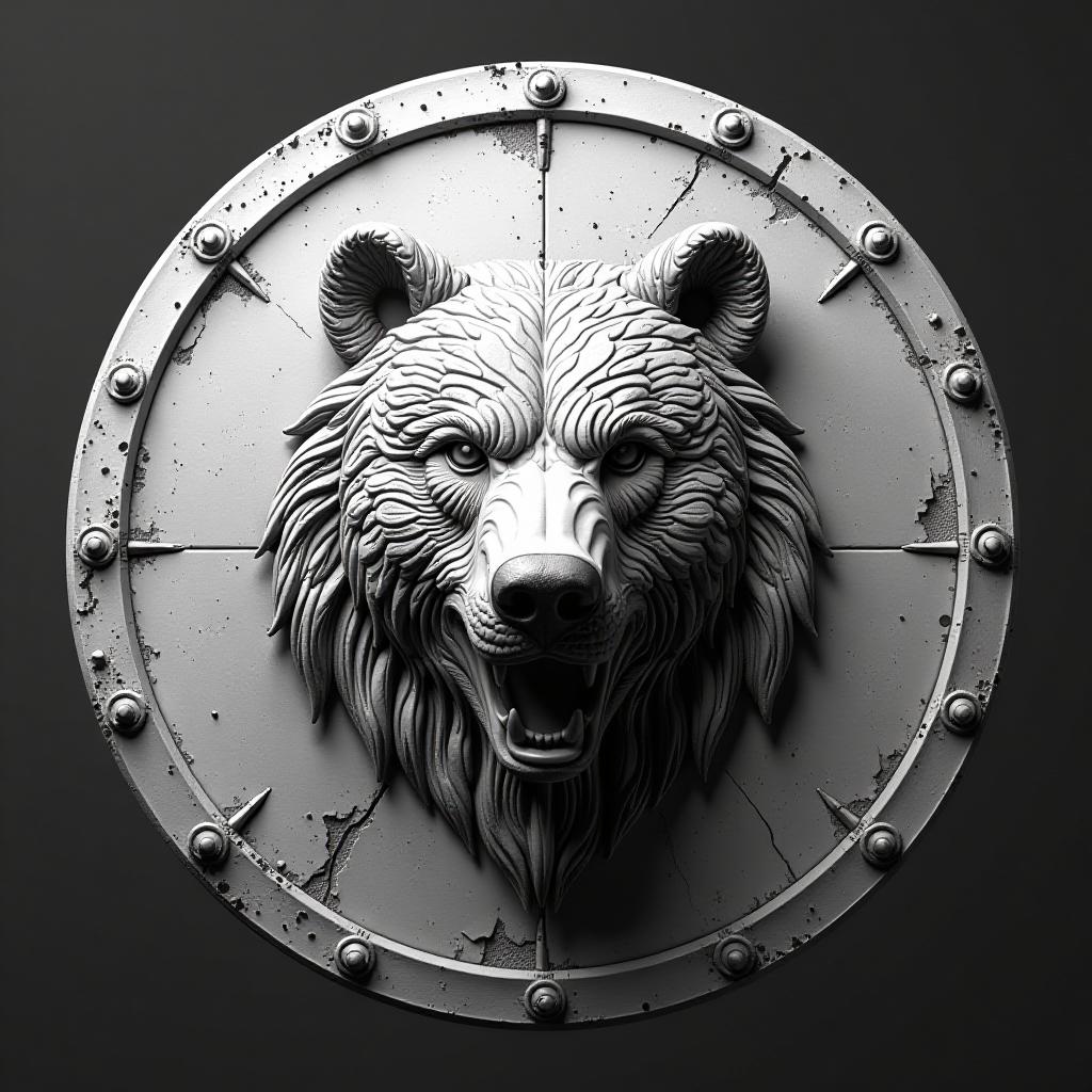  professional 3d model black and white sketches of the 3d model. (round battle shield in the middle of the bear's head, convex volume in the middle), lighting, high resolution, high detail, increased attention to detail, the entire shield, in sketch style, ((on a dark background with contours)), only contours and textures are used, three dimensional shield, clear drawing details, lines, panning, clear lines, background. the white and gray tones are made in the style of a 3d model sketch . octane render, highly detailed, volumetric, dramatic lighting