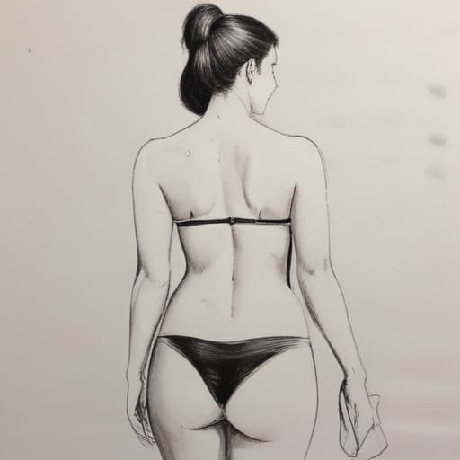 Draw a beautiful woman in bikini in a student class. We can see the Back of the woman.