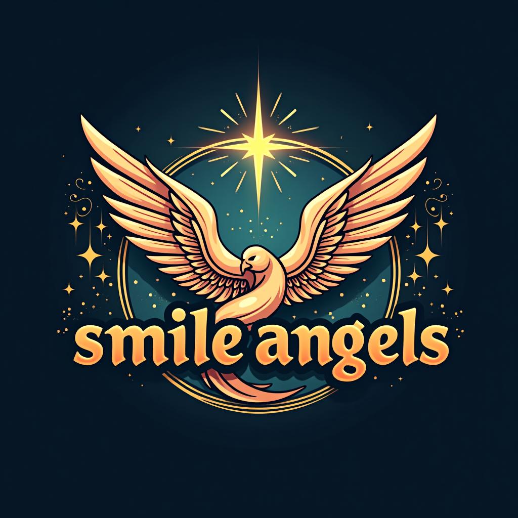  design a logo, in a surrealism style. 水彩スタイル、ロゴ、海、青緑色、、白背景。, with the text 'smile angels'.