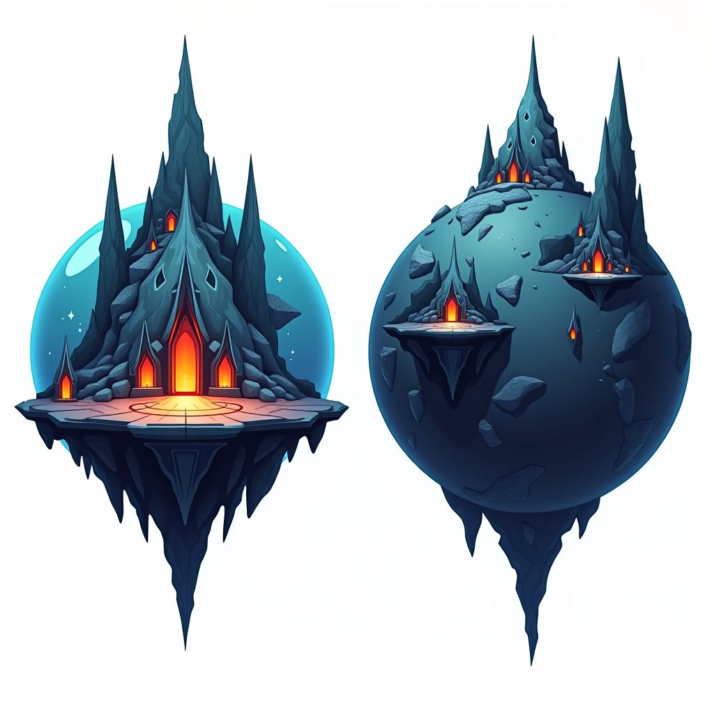  white background. left side: a simple vector graphic showing a hyper realistic alien planet's front view with mysterious structures and bioluminescent patches. right side: back view of the same planet, maintaining high detail and consistency. both views should depict the same materials and feature fantasy elements like glowing areas and unique architectural forms. cartoon and disney style. the views share the same object.