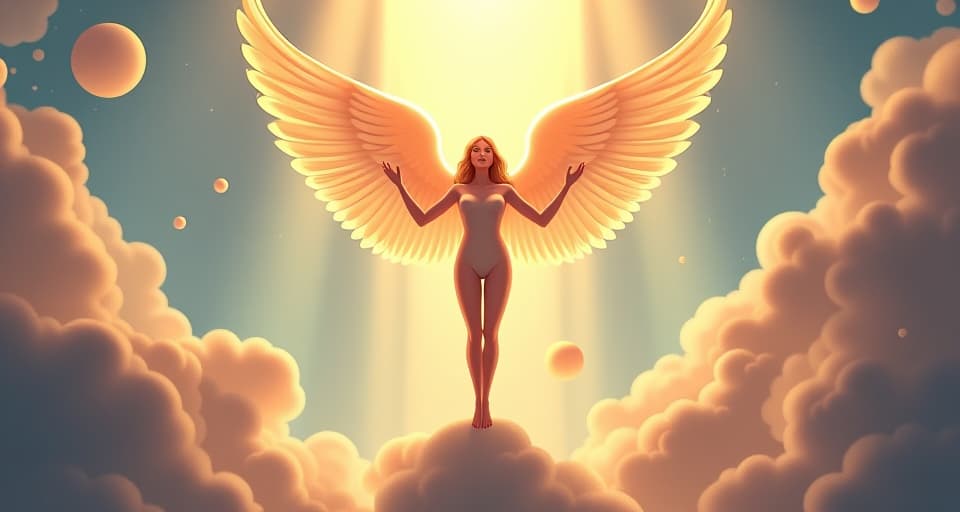  triumphant angel in radiant, tight fitting attire, standing above ethereal walls. beams of light emanating, theme of elevation and triumph.. the style is digital art illustration,highly detailed, whimsical,magical, dreamlike atmosphere, realism and fantasy blend, smooth, glossy textures,luminous quality, wonder and enchantment.