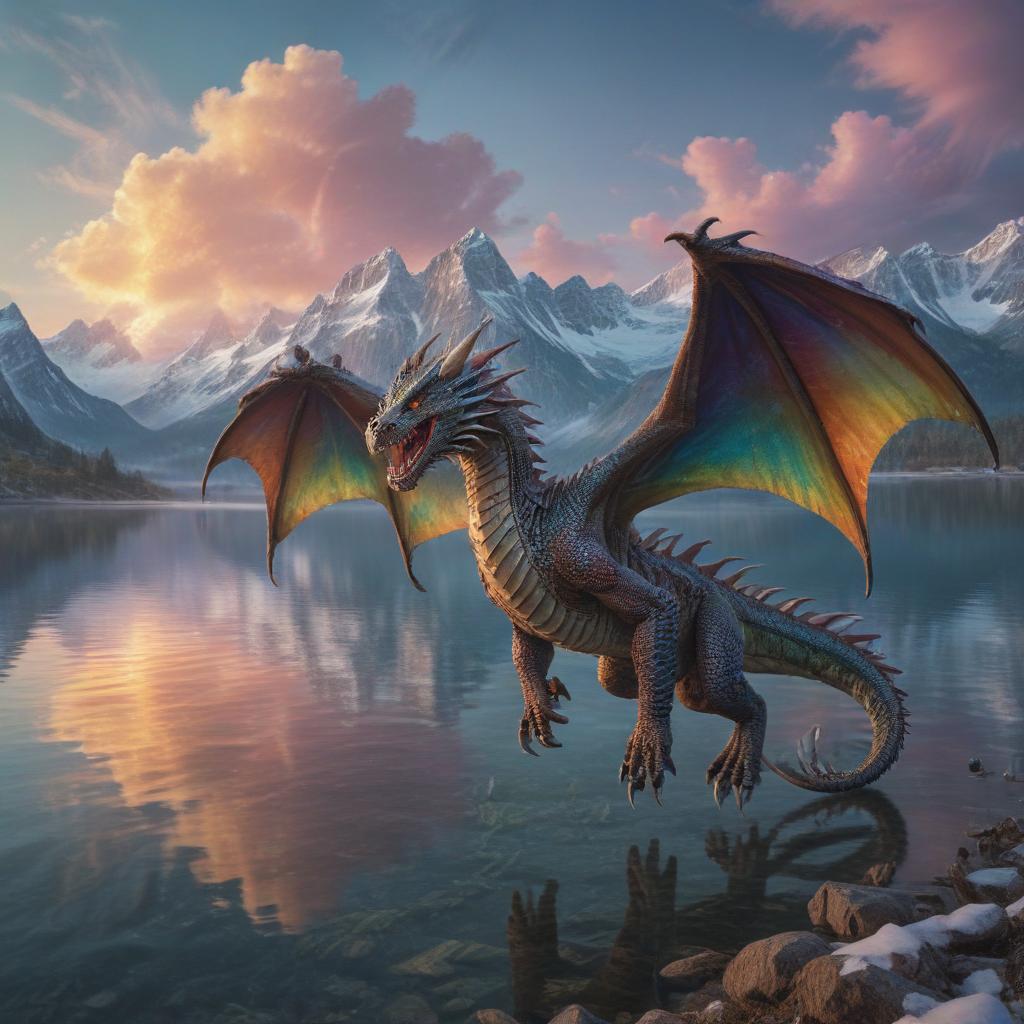 ((masterpiece)),(((best quality))), 8k, high detailed, ultra detailed,A majestic dragon with scales made of Rem's underwear, flying over a crystal clear lake, (snow capped mountains) in the distance, (rainbow colored) clouds in the sky hyperrealistic, full body, detailed clothing, highly detailed, cinematic lighting, stunningly beautiful, intricate, sharp focus, f/1. 8, 85mm, (centered image composition), (professionally color graded), ((bright soft diffused light)), volumetric fog, trending on instagram, trending on tumblr, HDR 4K, 8K