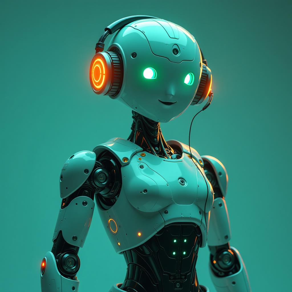  a stylish and modern silhouette of a robot with a smiling face to convey friendliness and approachability. include elements such as headphones or a microphone to show that the bot is listening to customers. color palette: choose bright and appealing colors, such as blue for a technological feel and green for associations with growth and dynamism. add accents of orange and yellow to draw attention. hyperrealistic, full body, detailed clothing, highly detailed, cinematic lighting, stunningly beautiful, intricate, sharp focus, f/1. 8, 85mm, (centered image composition), (professionally color graded), ((bright soft diffused light)), volumetric fog, trending on instagram, trending on tumblr, HDR 4K, 8K