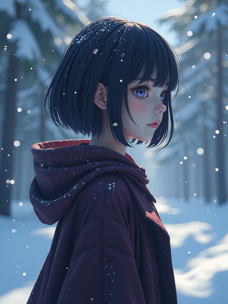  a person that is standing in the snow, cinematic lain fractal lain, refracted line and sparkles, shiny bob haircut, style of madhouse studio anime, prism details, official artwork, crystal particles, shoulder length, unconnected, flowercore, moviestill, webtoon hyperrealistic, full body, detailed clothing, highly detailed, cinematic lighting, stunningly beautiful, intricate, sharp focus, f/1. 8, 85mm, (centered image composition), (professionally color graded), ((bright soft diffused light)), volumetric fog, trending on instagram, trending on tumblr, HDR 4K, 8K