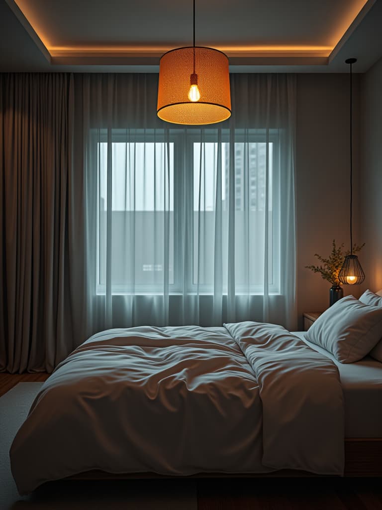  high quality portrait photo of a modern bedroom featuring a statement pendant light, creating a focal point and ambient lighting hyperrealistic, full body, detailed clothing, highly detailed, cinematic lighting, stunningly beautiful, intricate, sharp focus, f/1. 8, 85mm, (centered image composition), (professionally color graded), ((bright soft diffused light)), volumetric fog, trending on instagram, trending on tumblr, HDR 4K, 8K