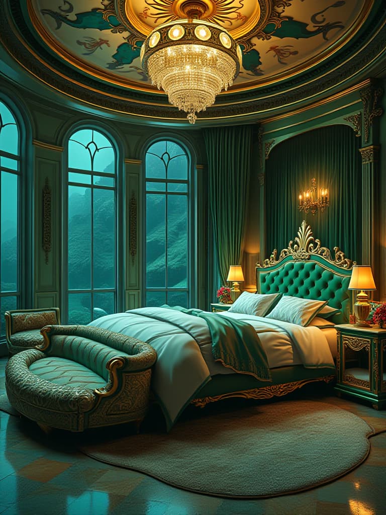  a luxurious mermaid mansion bedroom in the deep sea. the house is round li and big metallic green and gold ver shiny . with mermaid luxurious bed that shaped like a mermaid tale