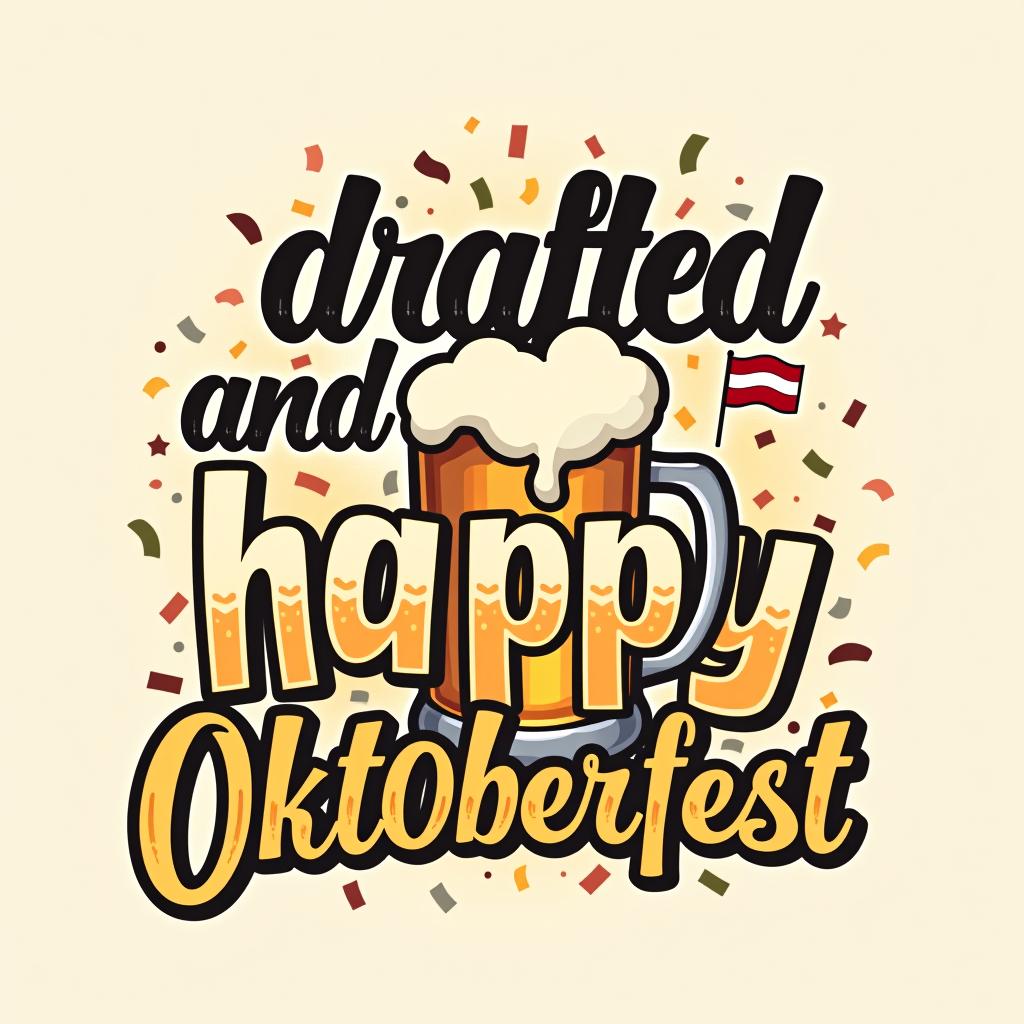  festive design with 'drafted and happy.' bold celebratory font with a beer stein and confetti with bavarian flag. place the word oktoberfest at the bottom of the image