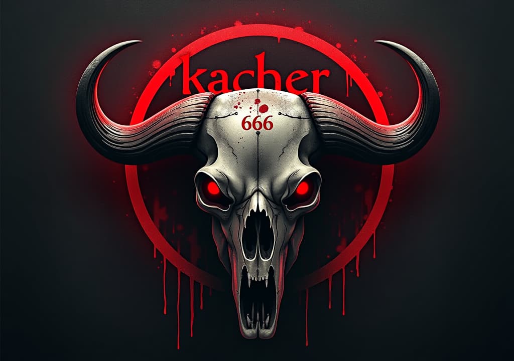  a dark art, street style logo with typography text "kacher", rock feeling, vintage, background is a evil buffalo skull, satan symbol, 666, red eyes, bloody, low contrast, low saturation, cinematic lightinghyper detail, intricate details, sharp focus, high resolution, 8k, ultra detailed, vib