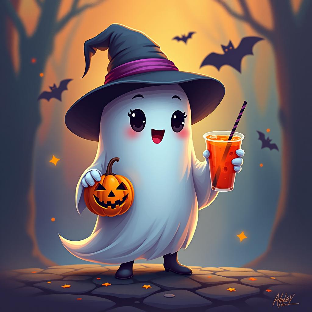  create a digital painting featuring a cute ghost character. the ghost should be wearing a hat. in one hand, the ghost should hold a pumpkin with a carved face, and in the other hand, a halloween themed drink. the background should be colorfull and include small black bats and stars to add a playful halloween touch. the overall style should be cute, whimsical, and colorful hyperrealistic, full body, detailed clothing, highly detailed, cinematic lighting, stunningly beautiful, intricate, sharp focus, f/1. 8, 85mm, (centered image composition), (professionally color graded), ((bright soft diffused light)), volumetric fog, trending on instagram, trending on tumblr, HDR 4K, 8K