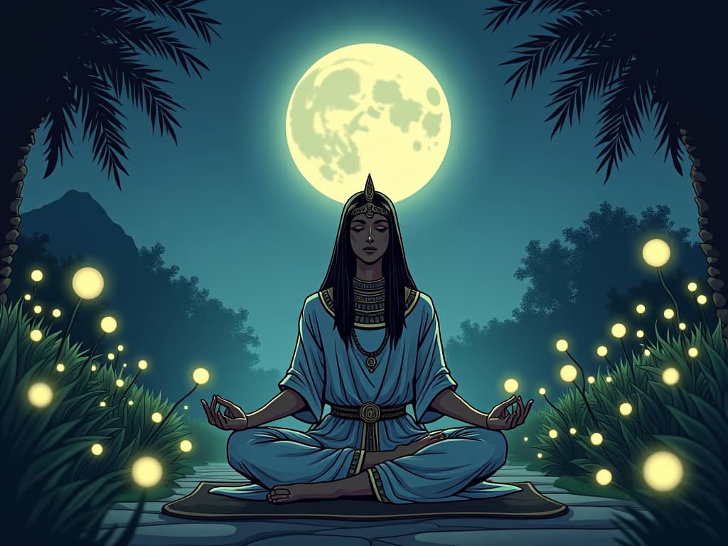  a meditator in a serene, moonlit garden, surrounded by softly glowing orbs, aura of deep self connection and divine communion. the style is digital art illustration / modern comic book / mysterious occult, symbolic, esoteric vibe,high detail on character design, incorporating ancient egyptian symbology and attire.