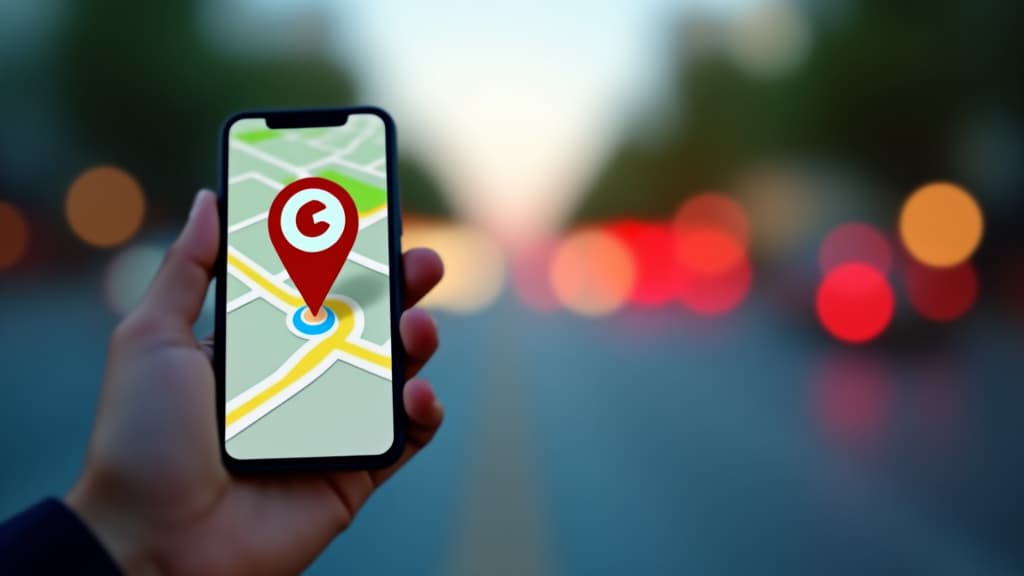  point on smartphone with gps navigator icon and map on blur traffic road abstract background