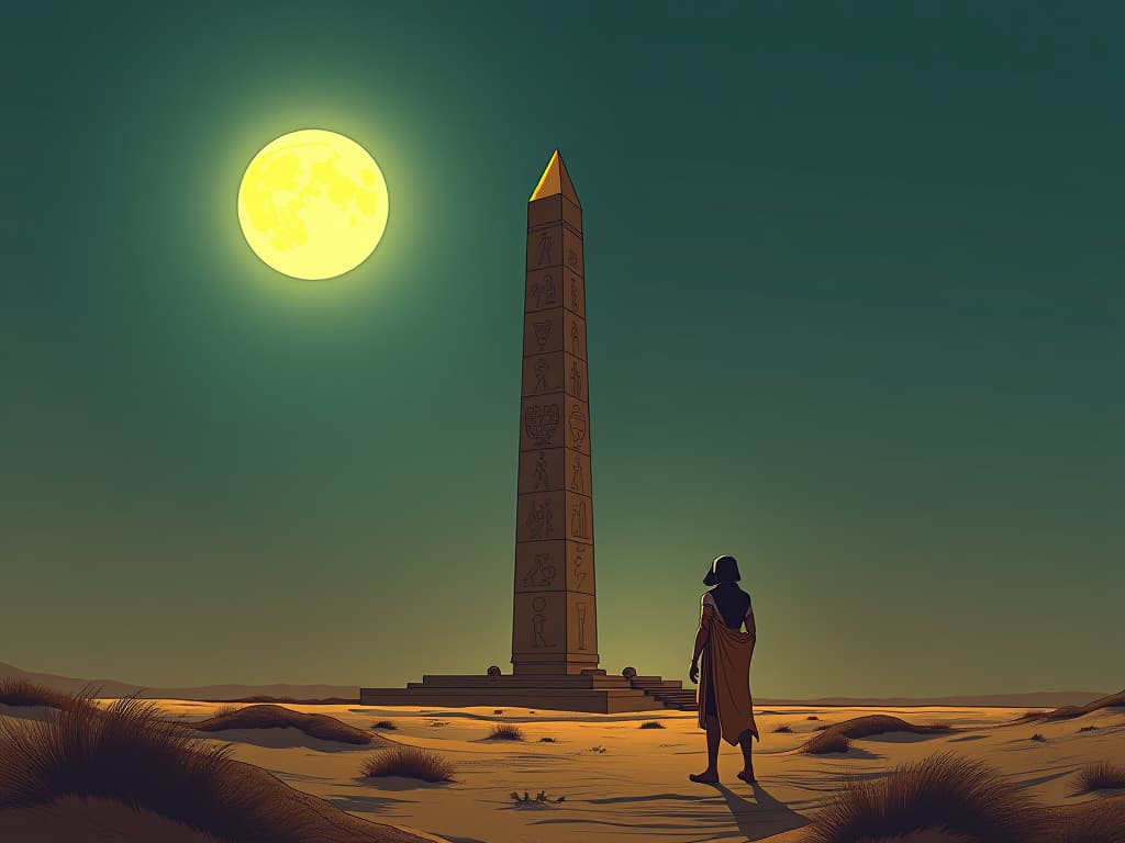  tall, ancient obelisk in a secluded desert, hieroglyphs etched deep, glowing under the soft light of a full moon, symbolizing the lingering symbolism in dreams. the style is digital art illustration / modern comic book / mysterious occult, symbolic, esoteric vibe,high detail on character design, incorporating ancient egyptian symbology and attire.