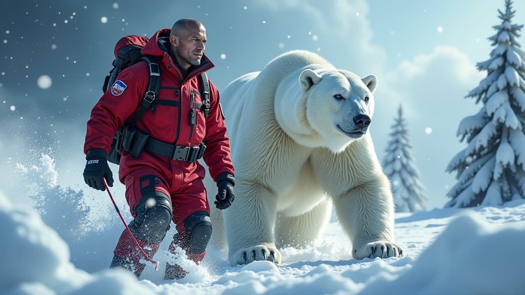  create an ultra realistic and visually stunning image prompt capturing the essence of the blockbuster film "red one code christmas." the composition should feature dwayne johnson and chris evans in action packed poses alongside a majestic polar bear, set in a winter wonderland filled with wild creatures. the background should showcase elaborate sets with spectacular effects, emphasizing the unique christmas fantasy theme. ensure that every pixel in the image is sharp and detailed, highlightin