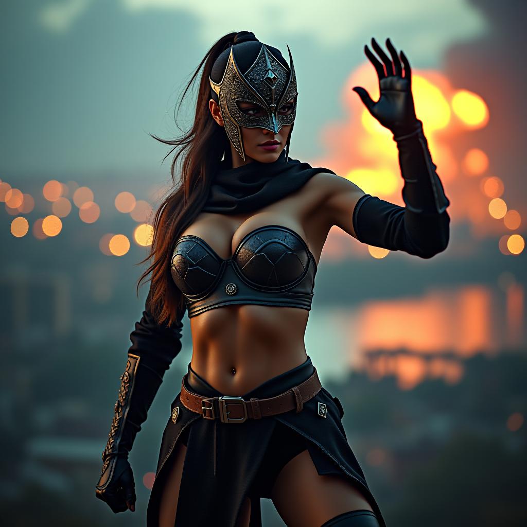  "warrior masquerade": a dynamic, high contrast image of a masked warrior woman, her athletic and curvaceous body encased in decorative armor while striking a powerful pose. the backdrop of the dystopian cityscape is lit by sparks of a distant explosion, creating a dramatic cinematic atmosphere. shot with a nikon d850 and a 35mm f/1.4 lens. hyperrealistic, full body, detailed clothing, highly detailed, cinematic lighting, stunningly beautiful, intricate, sharp focus, f/1. 8, 85mm, (centered image composition), (professionally color graded), ((bright soft diffused light)), volumetric fog, trending on instagram, trending on tumblr, HDR 4K, 8K