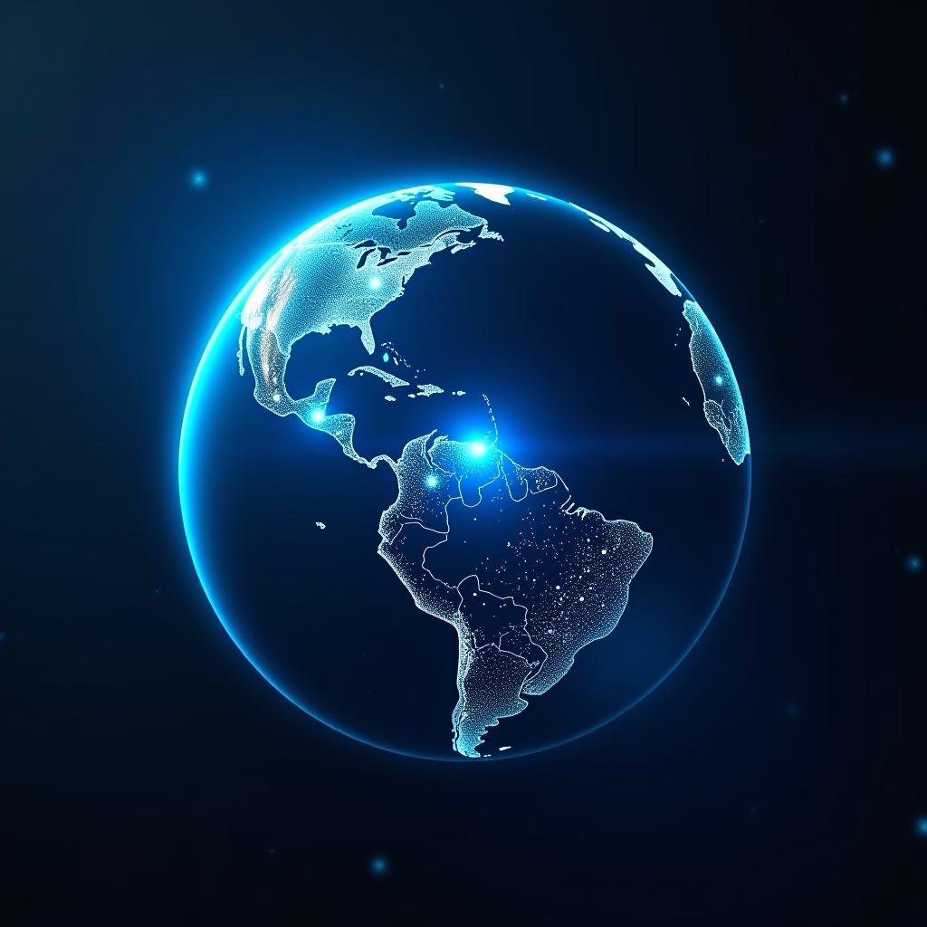  a digital representation of the earth from space, shown as a curved globe occupying the bottom third of the image. the continents are highlighted with glowing blue dots and rays of light emanating from major cities, indicating global connectivity. the globe is depicted from a slightly tilted angle, showing north america, europe, and parts of asia and africa. the background features a deep blue gradient with scattered small glowing stars, creating a sense of a digital universe. hyperrealistic, full body, detailed clothing, highly detailed, cinematic lighting, stunningly beautiful, intricate, sharp focus, f/1. 8, 85mm, (centered image composition), (professionally color graded), ((bright soft diffused light)), volumetric fog, trending on instagram, trending on tumblr, HDR 4K, 8K