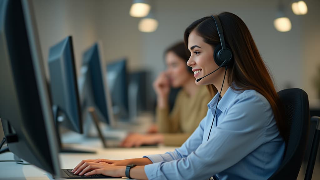  happy european call center agent wearing headset talking to client working in customer support office. professional contract service telemarketing operator using laptop having conversation. ar 16:9 {prompt}, maximum details