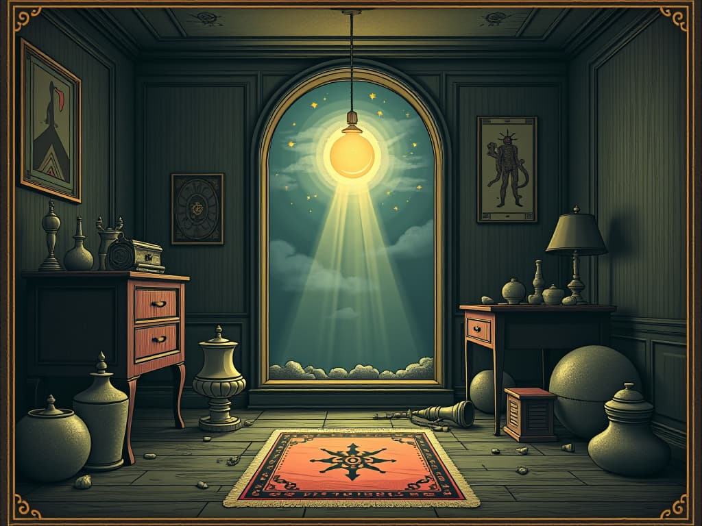  room being cleansed of broken items, light piercing through shadows, positive energy filling space, sense of renewal. an illustration in the style of a worn, mystical old tarot trump card, mysterious and elements of surrealism. the colors are muted, somber and eerie, but with contrast bring out an occult and esoteric vibe.