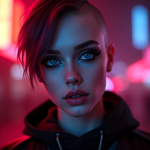  ultra realistic close up portrait ((beautiful pale cyberpunk female with heavy black eyeliner)), blue eyes, shaved side haircut, hyper detail, cinematic lighting, magic neon, dark red city, canon eos r3, nikon, f/1.4, iso 200, 1/160s, 8k, raw, unedited, symmetrical balance, in frame, 8k hyperrealistic, full body, detailed clothing, highly detailed, cinematic lighting, stunningly beautiful, intricate, sharp focus, f/1. 8, 85mm, (centered image composition), (professionally color graded), ((bright soft diffused light)), volumetric fog, trending on instagram, trending on tumblr, HDR 4K, 8K