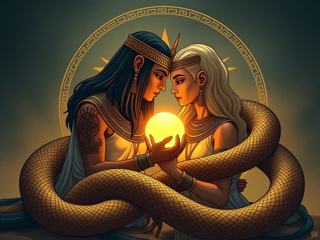  serpents in golden hues, coiled lovingly around melampus, symbolizing the granting of their gift. the style is digital art illustration / modern comic book / mysterious occult, symbolic, esoteric vibe,high detail on character design, incorporating ancient egyptian symbology and attire.