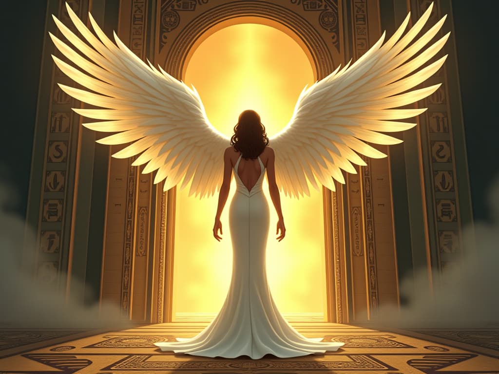  a heavenly figure glowing brightly, ethereal wings unfurled, stepping out from a portal, ancient symbols surrounding the portal, large busted goddess in a form fitting white gown standing in reverence. the style is digital art illustration / modern comic book / mysterious occult, symbolic, esoteric vibe,high detail on character design, incorporating ancient egyptian symbology and attire.