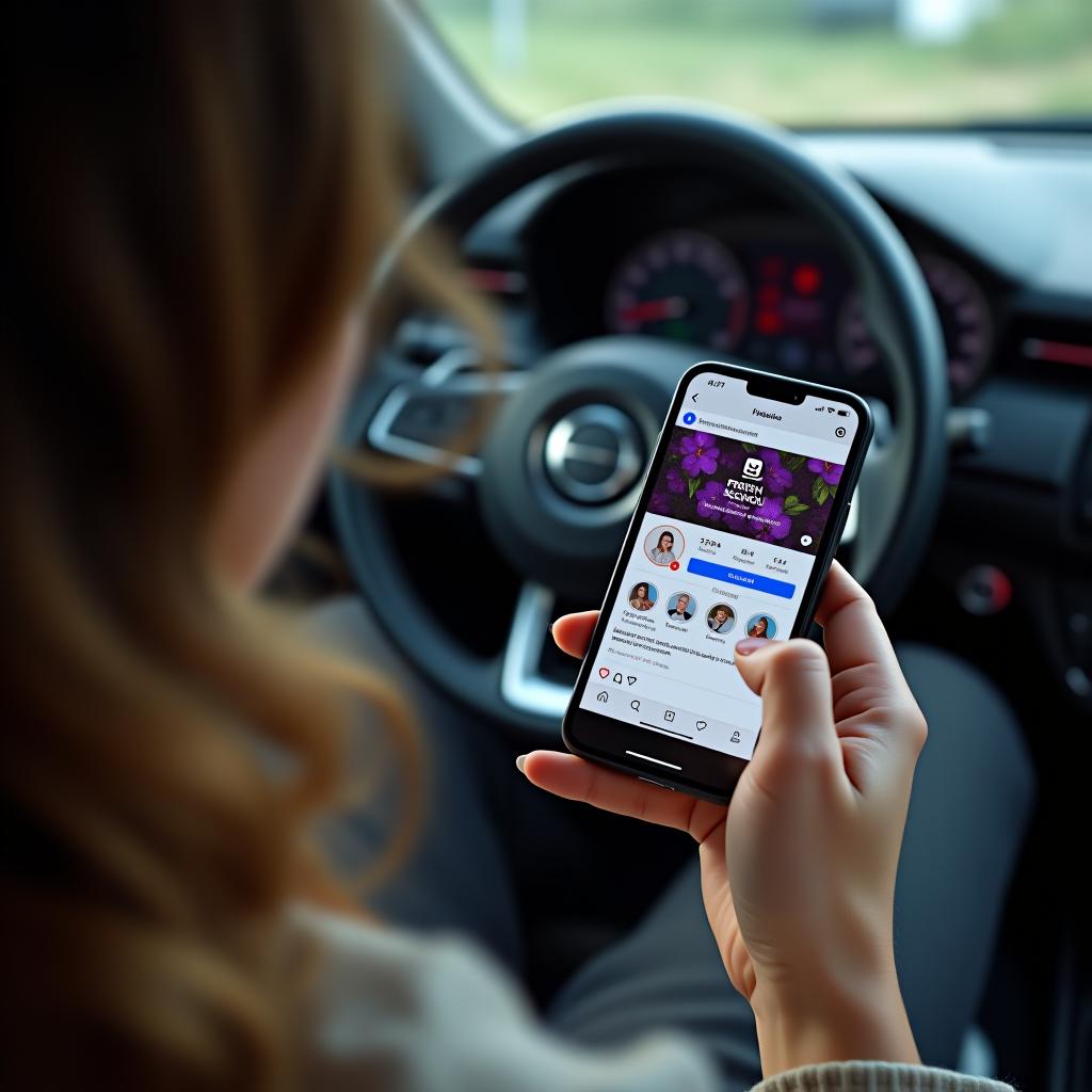  a woman is sitting and looking at the social media accounts of the fresh driving school on vk and instagram (violet green flowers), from a bird's eye view, where the phone screen is more visible.