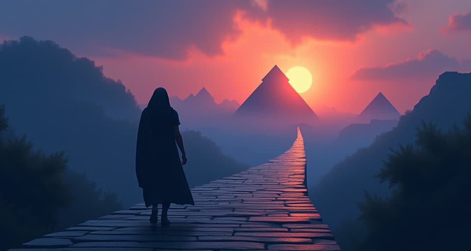  wide stone pathway, veiled in soft mist, leading to a distance temple under the twilight sky. the style is digital art illustration / modern comic book / mysterious occult, symbolic, esoteric vibe,high detail on character design, incorporating ancient egyptian symbology and attire.