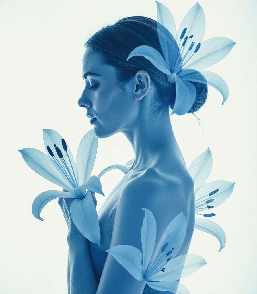  (digital art, double exposure:1.2) woman holds lilies, patchwork portrait made in (shibori technique:1.4), white and blue.