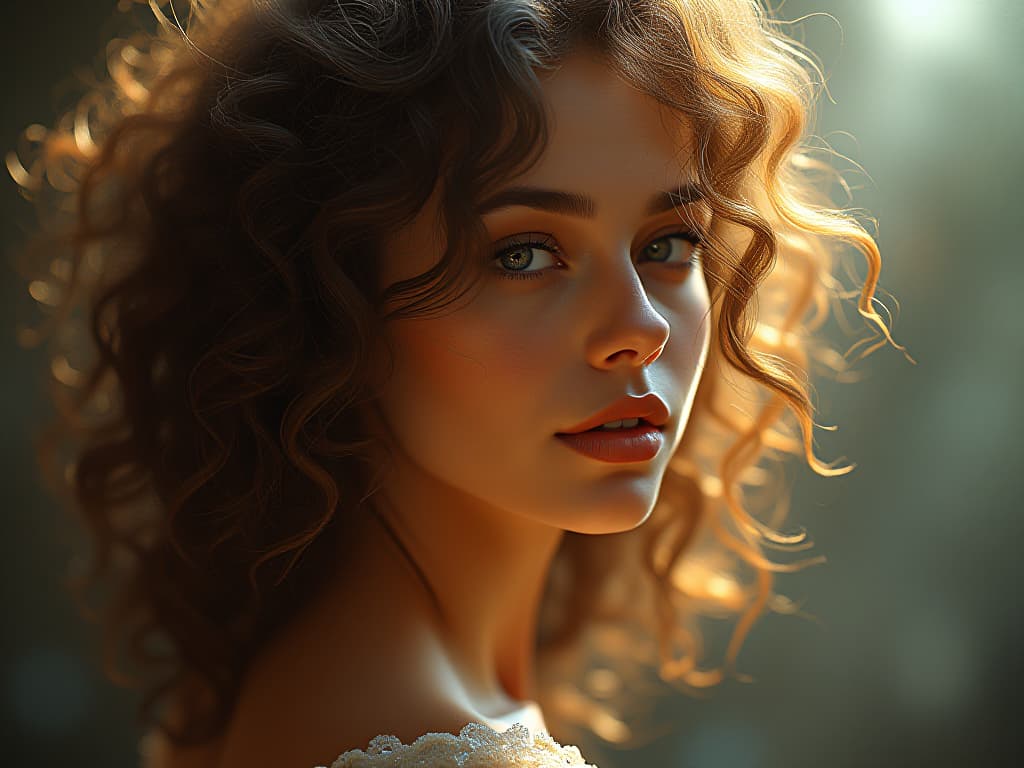  naturally beautiful ethereal devoted woman with dazzling curly hair, she is highly compasionate and conscious, leonardo da vinci style ambience and lighting