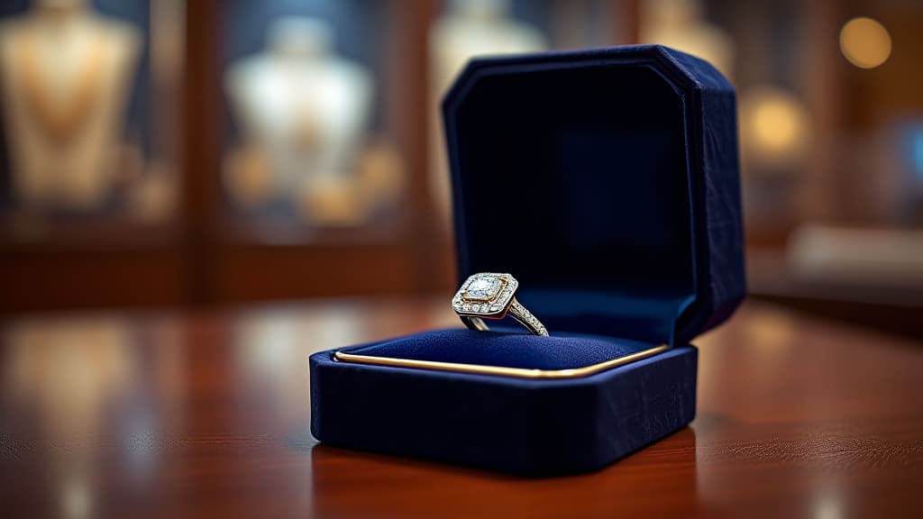  create an image with the following specifications: main subject: description: a luxurious kohinoor diamond ring nestled in a velvet lined jewelry box. style: elegant and sophisticated. setting: location: on a polished wooden surface in a high end jewelry store. composition: framing: close up shot focusing on the ring, with the jewelry box partially visible. style: art movement: modern realism. technique: high definition photography with soft lighting. atmosphere: mood: romantic and luxurious. color palette: dominant colors: deep blue, rich purple, warm gold. mood: regal and opulent. details: foreground: the kohinoor diamond ring sparkling brilliantly, catching the light. background: blurred display of other fine jewelry pieces, creat hyperrealistic, full body, detailed clothing, highly detailed, cinematic lighting, stunningly beautiful, intricate, sharp focus, f/1. 8, 85mm, (centered image composition), (professionally color graded), ((bright soft diffused light)), volumetric fog, trending on instagram, trending on tumblr, HDR 4K, 8K