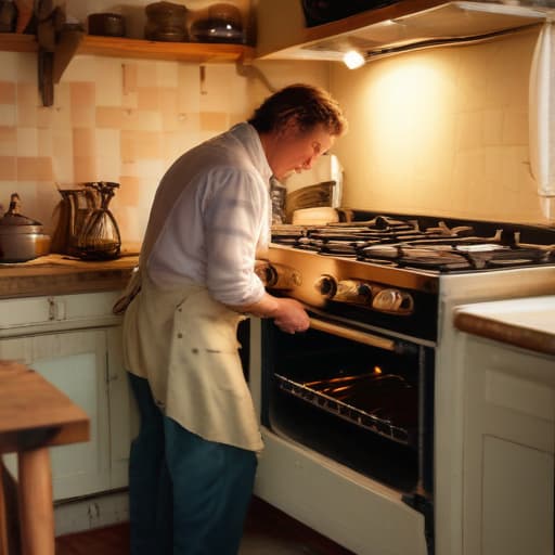 A photo of a skilled technician repairing a vintage oven in a cozy kitchen during the late afternoon with warm, golden lighting filtering through the window, casting soft shadows on the dusty appliance and tools scattered on the countertop.