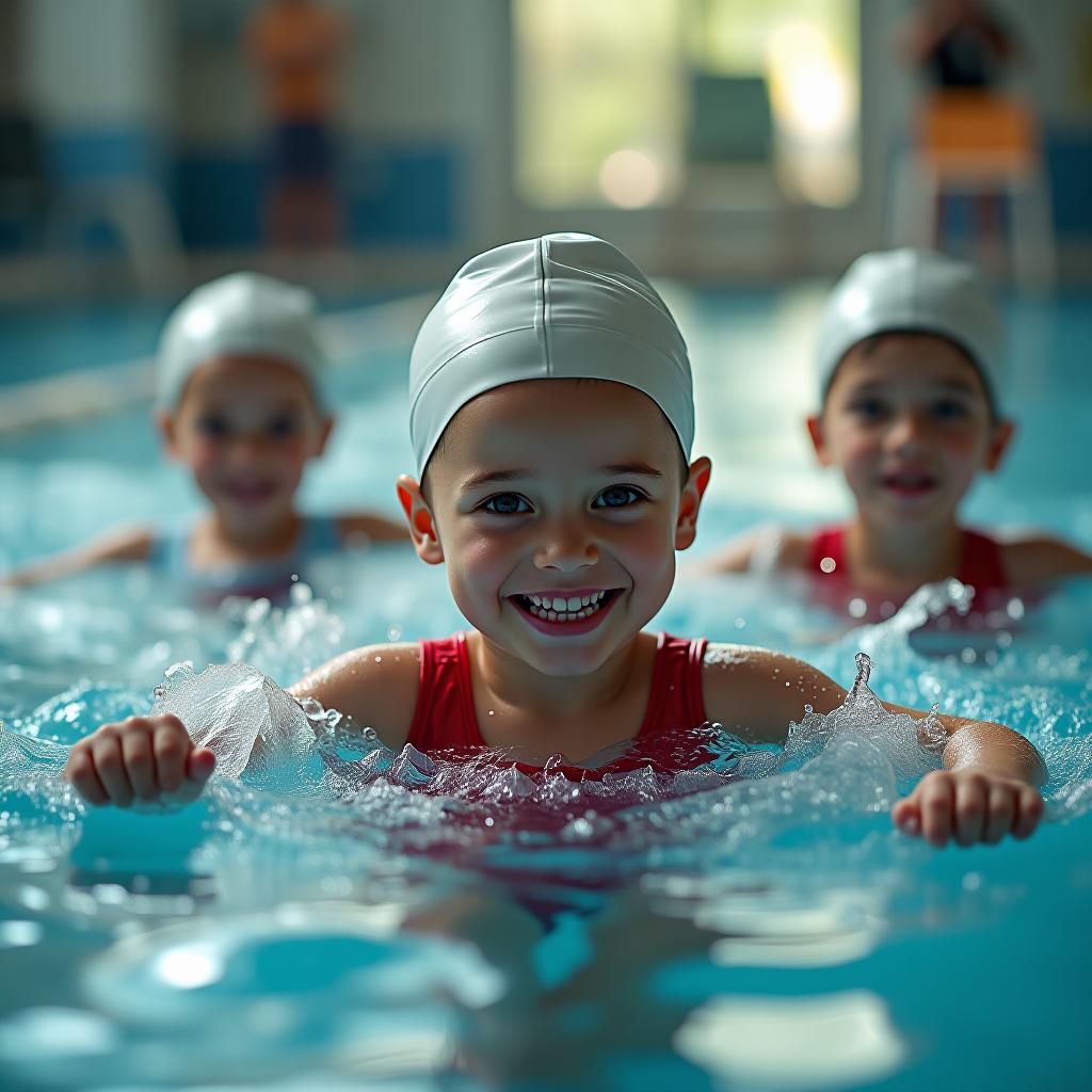  cinematic film still cute little children in swimming suits and caps are swimming in an indoor pool. (((swimming lesson))). ((with swimming dumbbells and swimming boards)). happy, ((splashes)), waves. aesthetic light, happiness, smiles. beautiful promotional photo, flash photography, dramatic dutch light. . shallow depth of field, vignette, highly detailed, high budget, bokeh, cinemascope, moody, epic, gorgeous, film grain, grainy