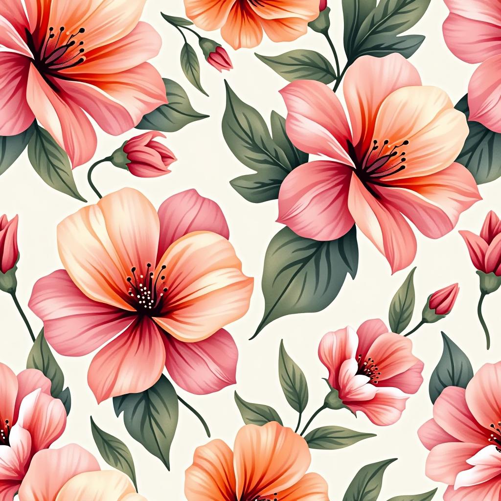  create a seamless digital design featuring a pattern of large, beautiful flowers with soft, watercolor like effects. the flowers should cover the entire surface, creating a bold, elegant, and continuous look. the overall style should be light and airy, with delicate leaves and petals to enhance the natural, floral theme. the design should be seamless to ensure it can be used in repeating patterns or wraps.