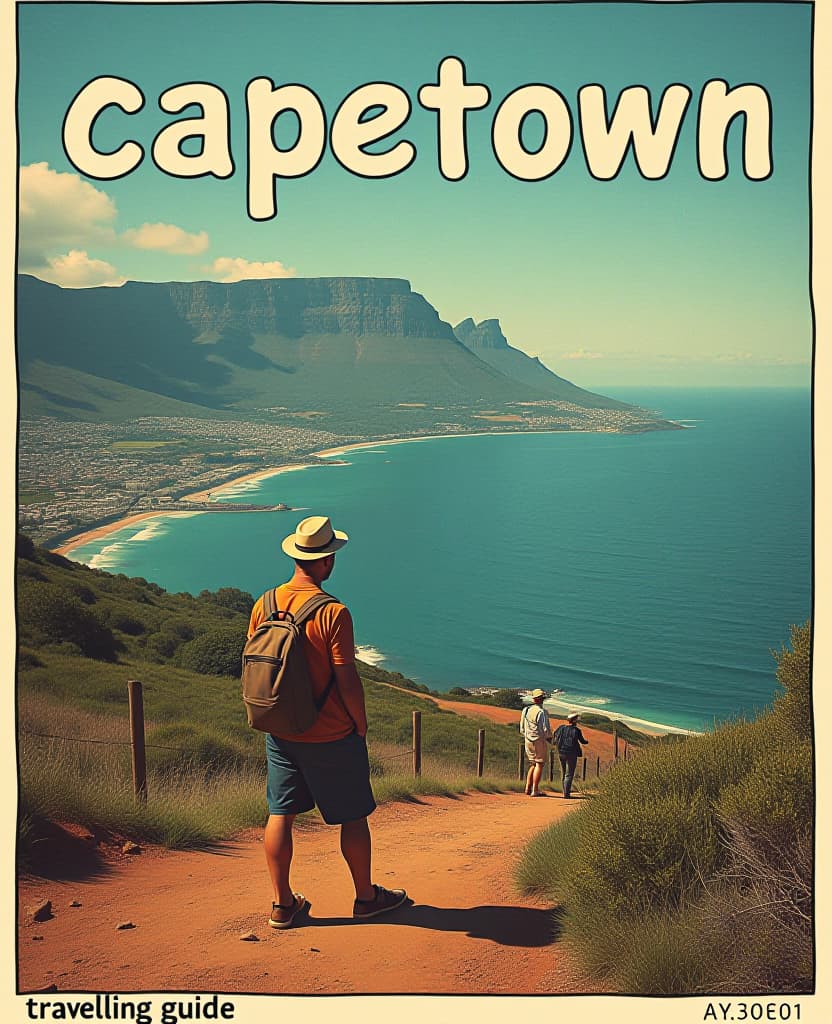  analog film photo a comic book cover for a south africa travel guide capetown landscape the title of the comic has the text "capetown" at the top of the page. at the bottom of the page it says "travelling guide" . faded film, desaturated, 35mm photo, grainy, vignette, vintage, kodachrome, lomography, stained, highly detailed, found footage hyperrealistic, full body, detailed clothing, highly detailed, cinematic lighting, stunningly beautiful, intricate, sharp focus, f/1. 8, 85mm, (centered image composition), (professionally color graded), ((bright soft diffused light)), volumetric fog, trending on instagram, trending on tumblr, HDR 4K, 8K