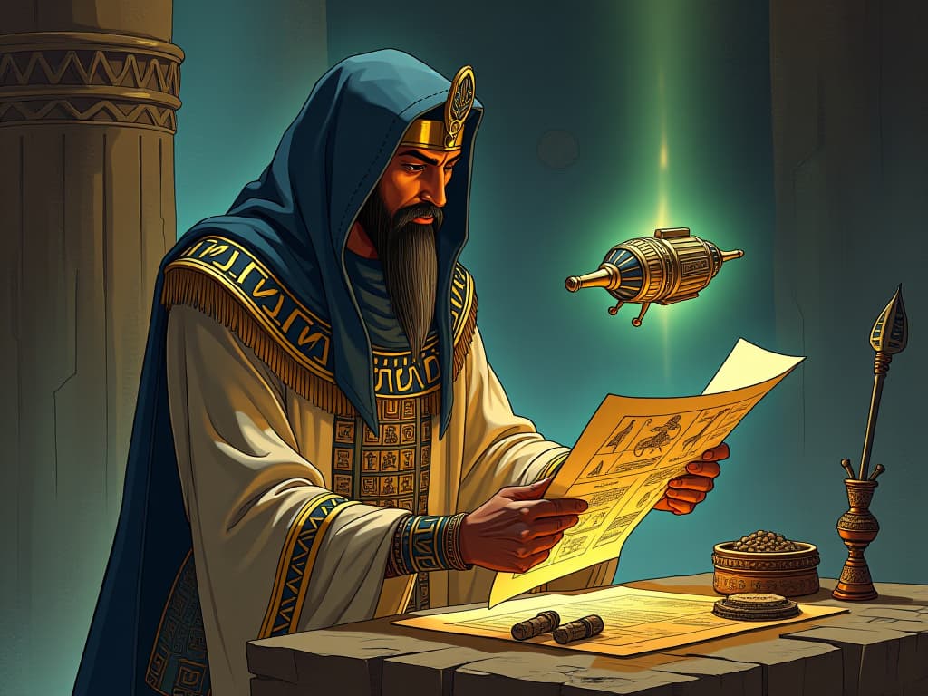  an ancient engineer, with a toolkit of enigmatic, archaic instruments, examining a glowing blueprint, an image of a futuristic contraption hovering above a stone table, fusion of ancient wisdom and modern innovation. the style is digital art illustration / modern comic book / mysterious occult, symbolic, esoteric vibe,high detail on character design, incorporating ancient egyptian symbology and attire.