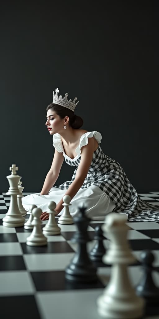  good quality, high quality, queen wearing white and black checkered dress crawling on floor. colossal chess pieces are decorated on her back