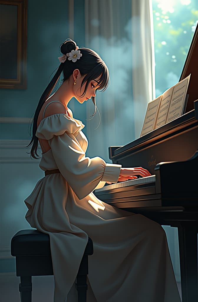  piano, anime concept art by hayao miyazaki, featured on pixiv, fantasy art, concept art, official art, high detailed hyperrealistic, full body, detailed clothing, highly detailed, cinematic lighting, stunningly beautiful, intricate, sharp focus, f/1. 8, 85mm, (centered image composition), (professionally color graded), ((bright soft diffused light)), volumetric fog, trending on instagram, trending on tumblr, HDR 4K, 8K