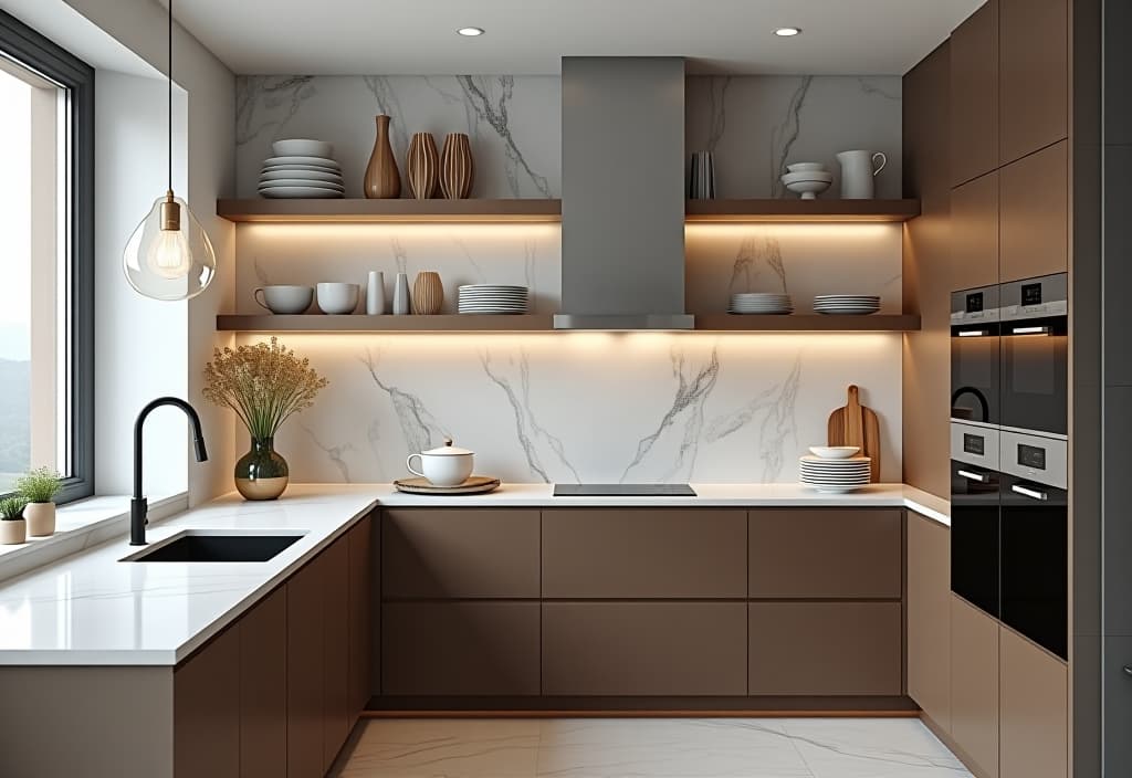  a landscape photo of a small kitchen with a luxurious marble backsplash, floating open shelves displaying fine china, and a statement pendant light, viewed at eye level hyperrealistic, full body, detailed clothing, highly detailed, cinematic lighting, stunningly beautiful, intricate, sharp focus, f/1. 8, 85mm, (centered image composition), (professionally color graded), ((bright soft diffused light)), volumetric fog, trending on instagram, trending on tumblr, HDR 4K, 8K