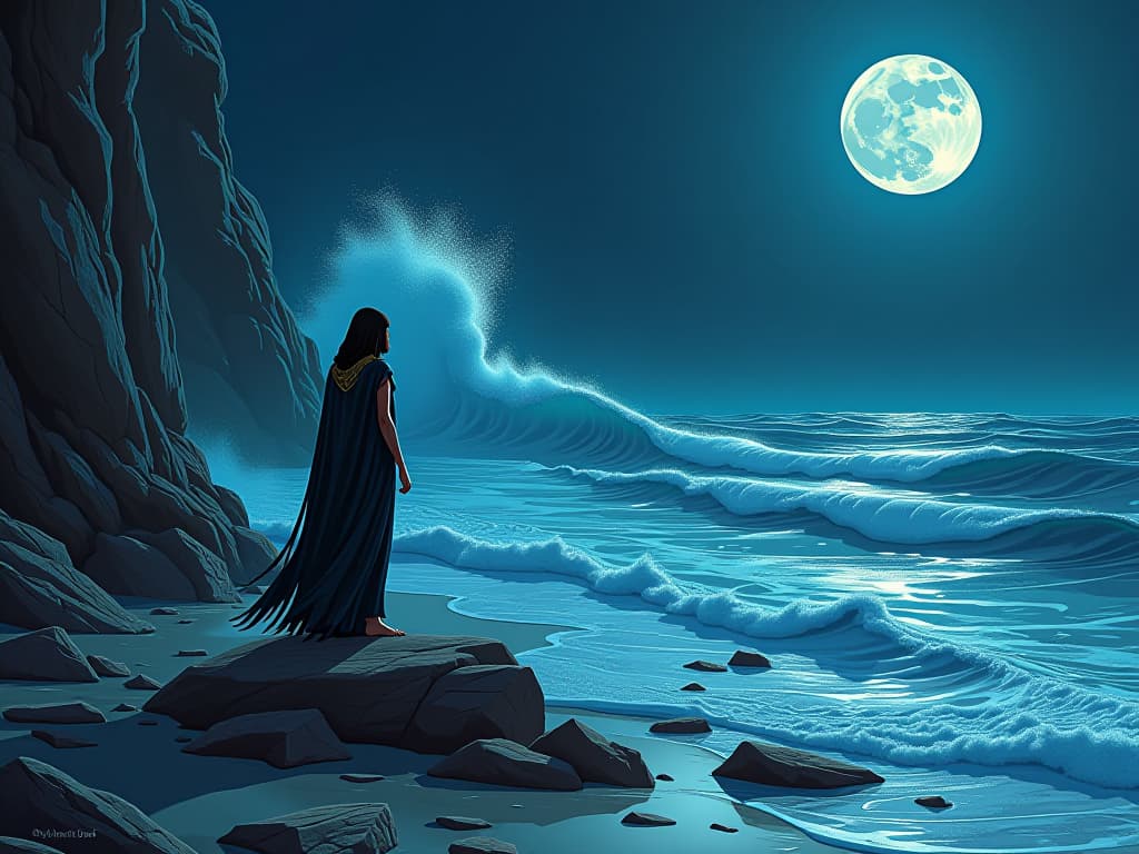  the ocean's relentless waves, smoothing jagged rocks along an ancient shoreline, moonlit night setting, a serene and calming ambiance. the style is digital art illustration / modern comic book / mysterious occult, symbolic, esoteric vibe,high detail on character design, incorporating ancient egyptian symbology and attire.