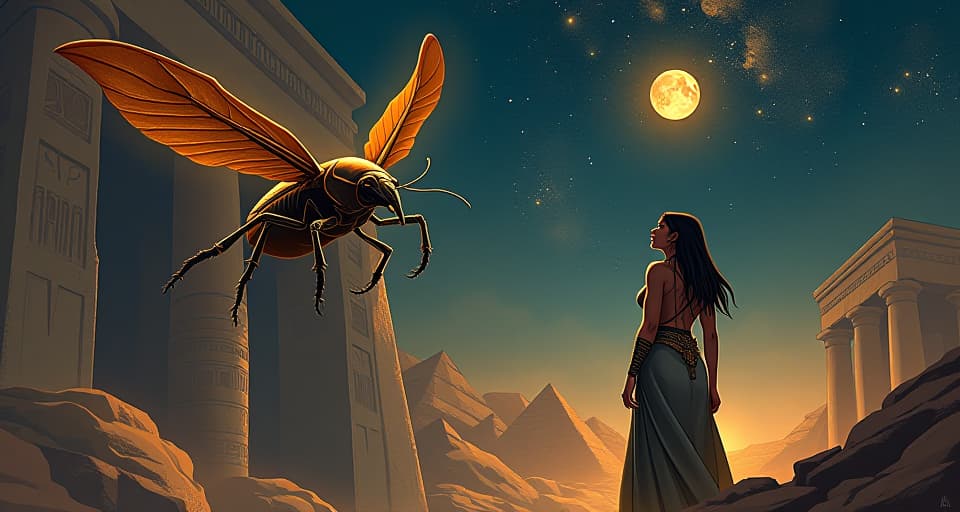  a scarab flying toward a glowing constellation, ancient ruins beneath, a large busted high priestess in tight robes, gazing upwards, celestial, determined.. the style is digital art illustration / modern comic book / mysterious occult, symbolic, esoteric vibe,high detail on character design, incorporating ancient egyptian symbology and attire.