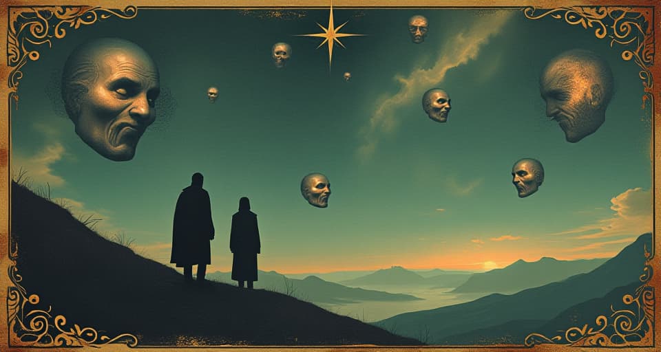  timeline of deceit, figures’ actions replayed in the sky, every choice laid out before them, regretful faces, undeniable truth, relentless exposure. an illustration in the style of a worn, mystical old tarot trump card, mysterious and elements of surrealism. the colors are muted, somber and eerie, but with contrast bring out an occult and esoteric vibe.