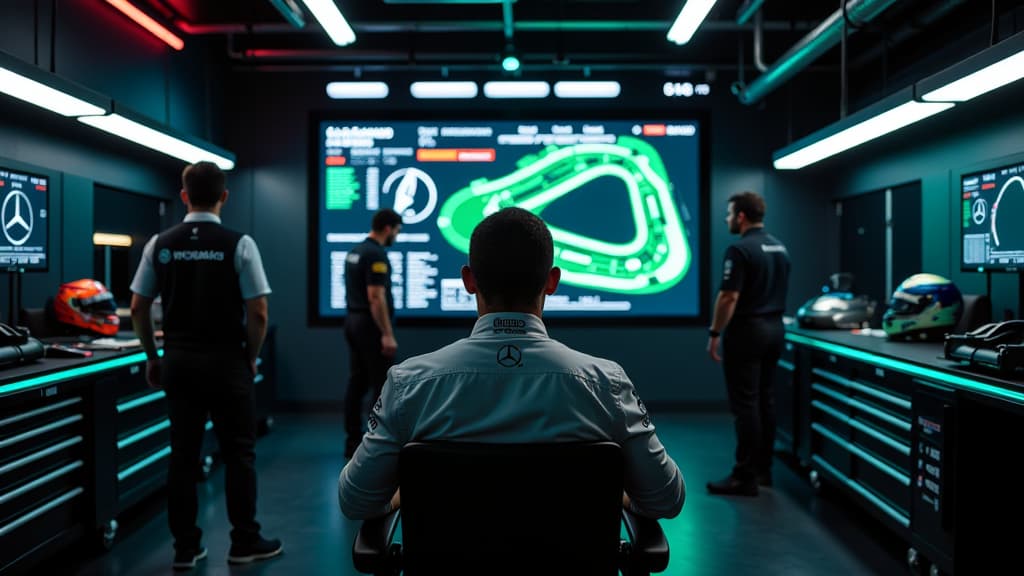  create a stunning image of lewis hamilton in the mercedes garage, surrounded by formula 1 engineers and mechanics. hamilton is seated, deep in thought, looking at a digital display of car data. the room is filled with high tech equipment and mercedes branding. display the singapore grand prix track layout on a screen in the background. include elements like a race helmet, toolboxes, car parts, and the mercedes logo prominently. capture the tension and anticipation in the air as hamilton waits fo