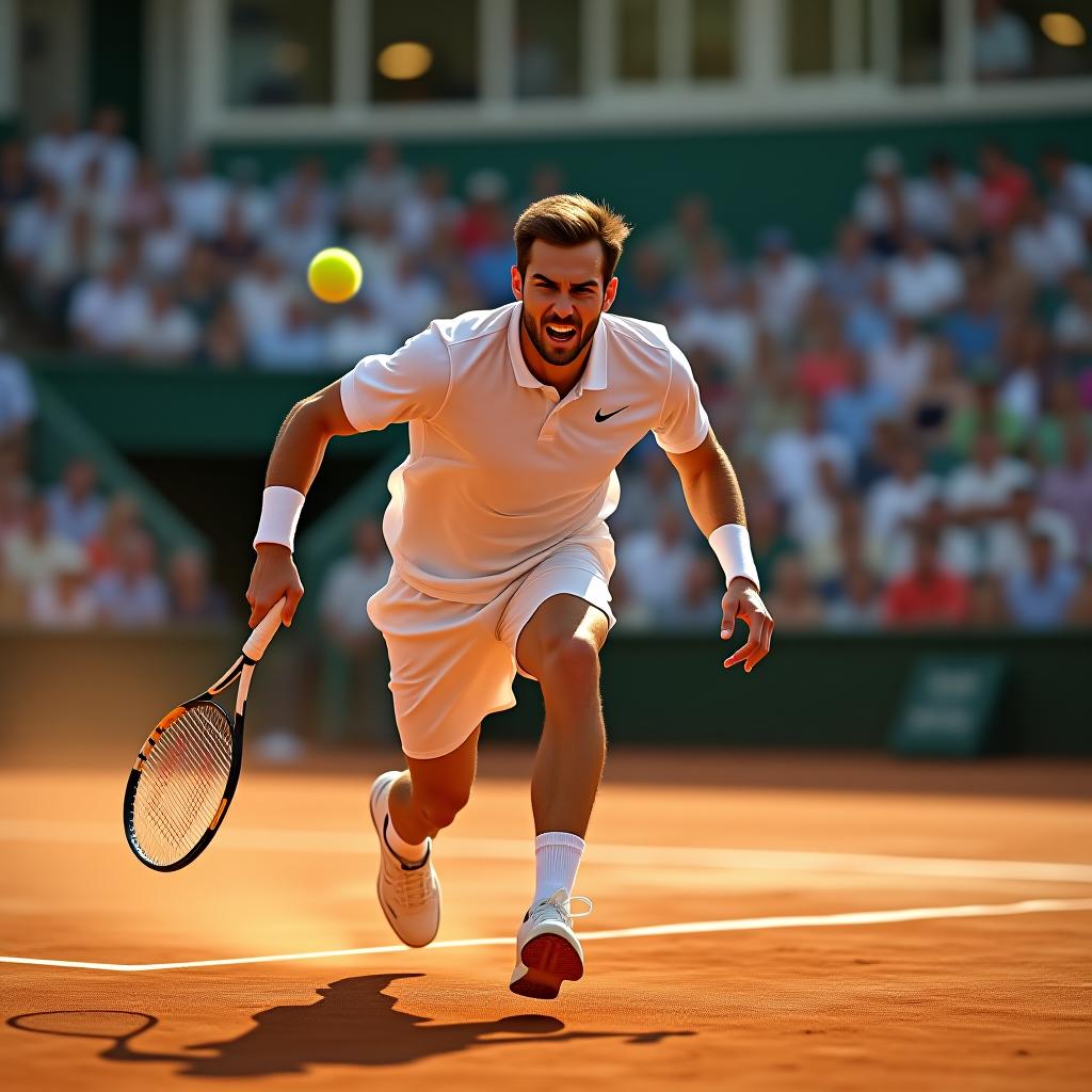  create a high quality, photorealistic image that vividly depicts the following scene: 'an electric, high stakes moment on a professional clay tennis court amidst an intense match. the foreground showcases a male tennis player, gritting his teeth in sheer determination clad in a sweat soaked white uniform, in full sprint. his muscles can be seen working, taut with effort as he surges forward with his racket extended in an attempt to make a game changing shot. the tennis ball is captured mid flight, its trajectory streaking towards the opposing side. the background is a blur of enthralled spectators, their collective breath held, their excitement resonating within the stadium awash in the warm glow of an early evening sun. captured using hyperrealistic, full body, detailed clothing, highly detailed, cinematic lighting, stunningly beautiful, intricate, sharp focus, f/1. 8, 85mm, (centered image composition), (professionally color graded), ((bright soft diffused light)), volumetric fog, trending on instagram, trending on tumblr, HDR 4K, 8K