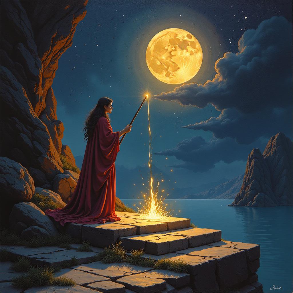  an oil painting in 80's fantasy poster art of image of sienna carefully tracing glowing runes on the pedestal's base