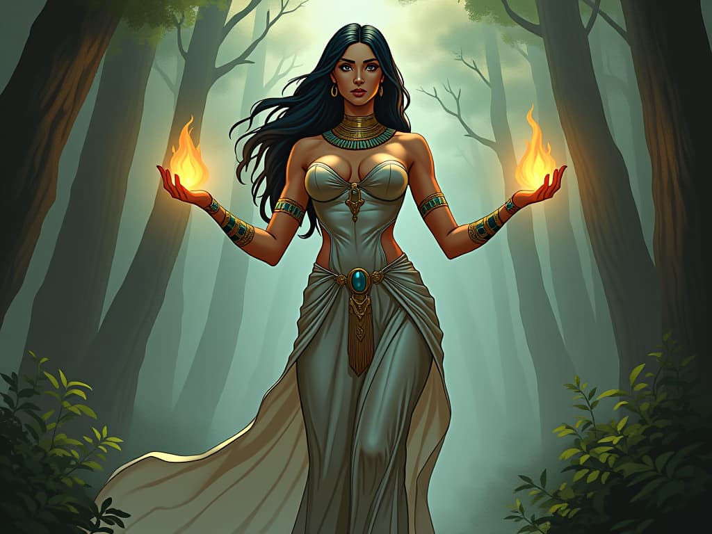  a large busted goddess in a form fitting, silver gown, standing in a mystical forest, her hands emitting a soft, radiant light, symbolizing a power that transcends words and actions. the style is digital art illustration / modern comic book / mysterious occult, symbolic, esoteric vibe,high detail on character design, incorporating ancient egyptian symbology and attire.