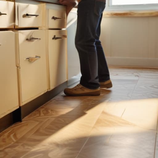 A photo of a skilled flooring installer meticulously cutting linoleum in a modern kitchen during the late afternoon, bathed in warm, golden sunlight filtering through the window.