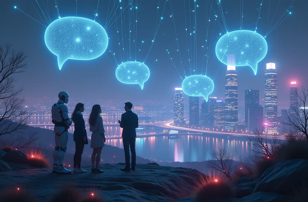  "a futuristic digital landscape featuring a serene, glowing landscape filled with holographic conversational bubbles, interconnected with shimmering neural network patterns. in the foreground, a humanoid robot and a diverse group of people are engaged in a thoughtful discussion, surrounded by stylized abstract symbols of communication and technology, set against a backdrop of a vibrant city skyline illuminated by soft, neon lights." hyperrealistic, full body, detailed clothing, highly detailed, cinematic lighting, stunningly beautiful, intricate, sharp focus, f/1. 8, 85mm, (centered image composition), (professionally color graded), ((bright soft diffused light)), volumetric fog, trending on instagram, trending on tumblr, HDR 4K, 8K