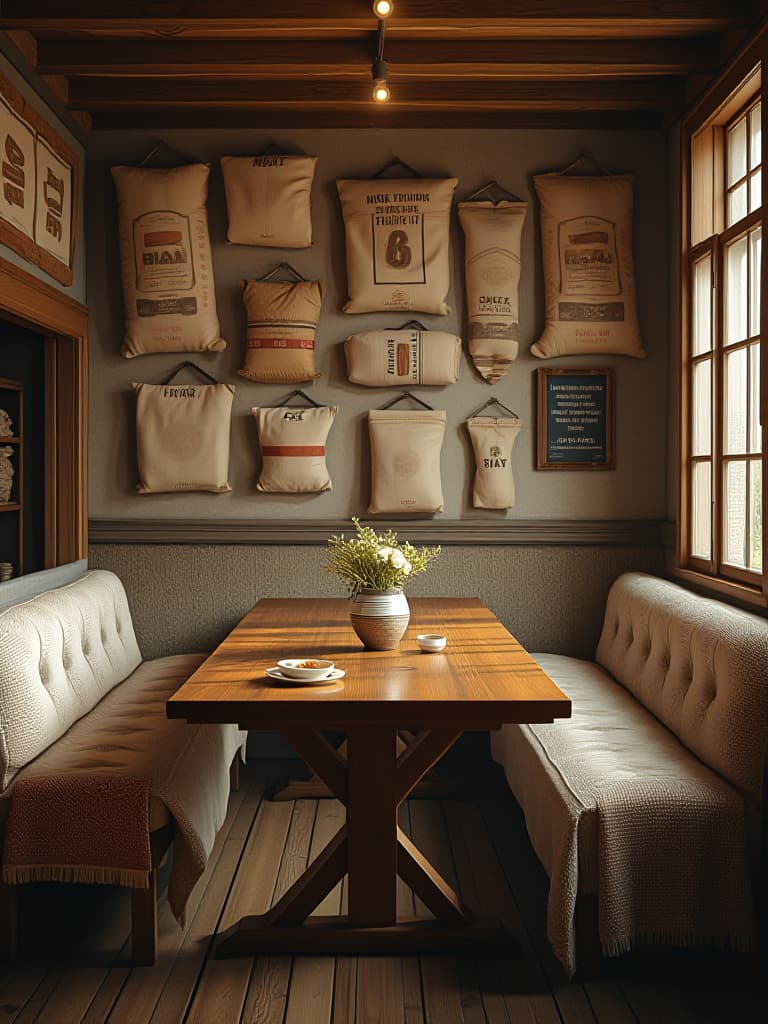  high quality portrait photo of a charming farmhouse dining room with a feature wall covered in vintage feed sacks and grain bags, complemented by a long wooden table and bench seating, viewed from a corner angle hyperrealistic, full body, detailed clothing, highly detailed, cinematic lighting, stunningly beautiful, intricate, sharp focus, f/1. 8, 85mm, (centered image composition), (professionally color graded), ((bright soft diffused light)), volumetric fog, trending on instagram, trending on tumblr, HDR 4K, 8K