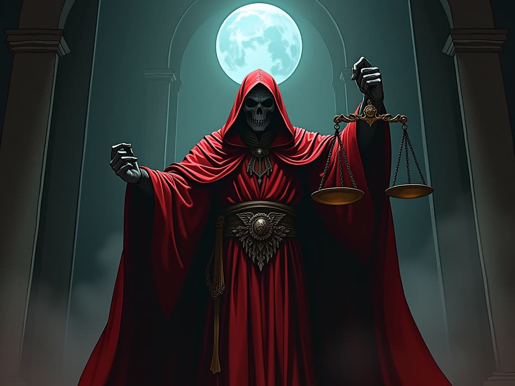  eldritch judge with red robes, holding scales of judgment, ancient courtroom, spectral light, aura of fear and authority. the style is digital art illustration / modern comic book / graphic dark novel fantasy and mysterious occult, symbolic, moody lighting, esoteric vibe,high detail on character design. for the color scheme emphasize blacks and reds.